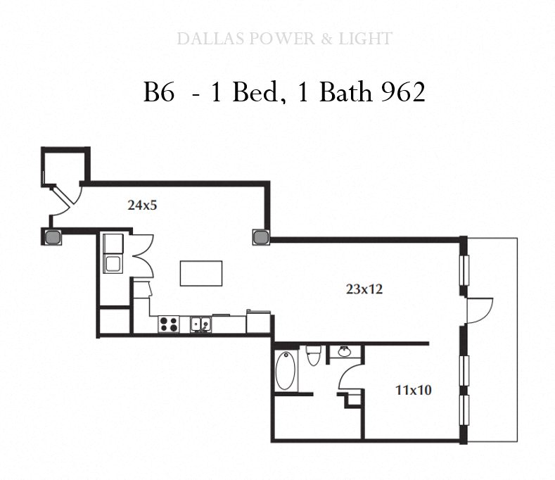 Floor plan for 1 bed, 1 bath, 962 sqft